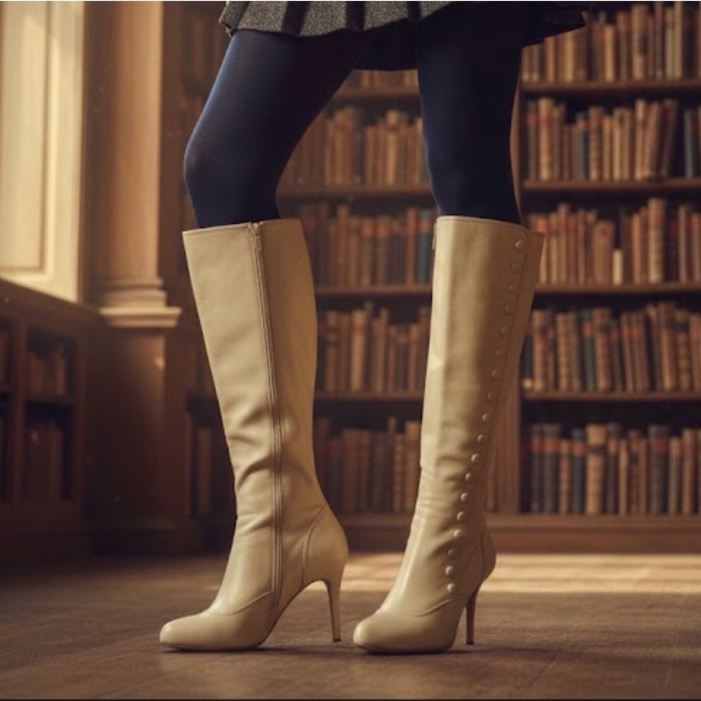 Y2K MAXSTUDIO Elegant Cream Leather Knee-High Women's Boots SEXY PINUP VICTORIAN